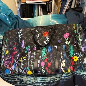 Black Floral-Print Travel Monogram Duffel Bag